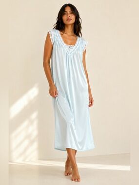 Vintage 70s Nylon Lace Trim Midi Chemise Rosette Ice Blue Nightgown Size L